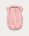Early Sunday, Bobby Baby Romper in Peony color, made from 100% Cotton Gingham Check fabric, featuring short sleeves with peter pan collar, shown in a back flat-lay view