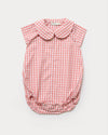 Early Sunday, Bobby Baby Romper in Peony color, made from 100% Cotton Gingham Check fabric, featuring short sleeves with peter pan collar, shown in a front flat-lay view