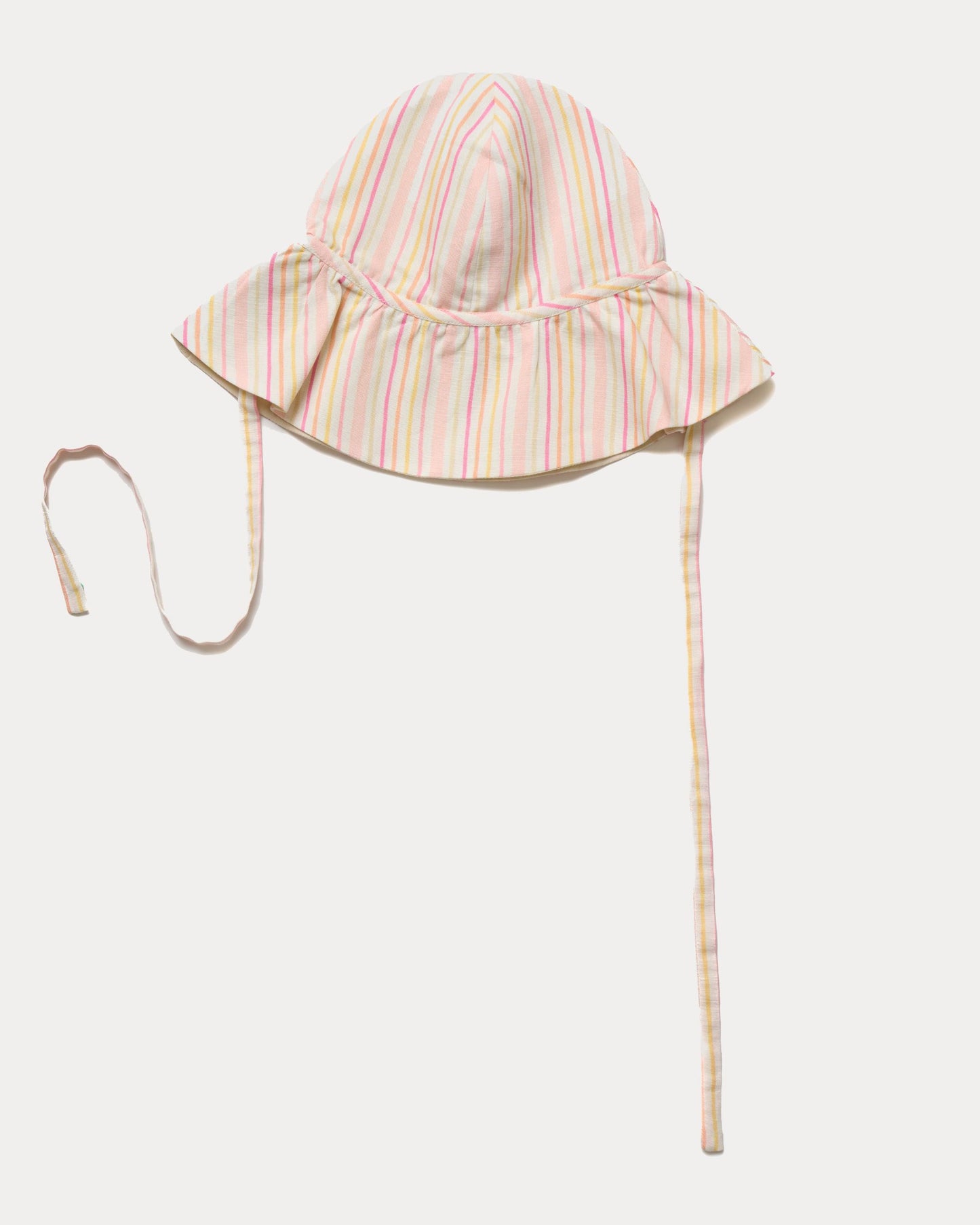 Early Sunday, Bonnie Hat Cap in Pink Stripes print, made from 70% Cotton, 30% Linen fabric, shown in an angled view with wide brim and tie straps
