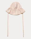 Early Sunday, Bonnie Hat Cap in Pink Stripes print, made from 70% Cotton, 30% Linen fabric, shown in a front flat-lay view with wide brim and tie straps