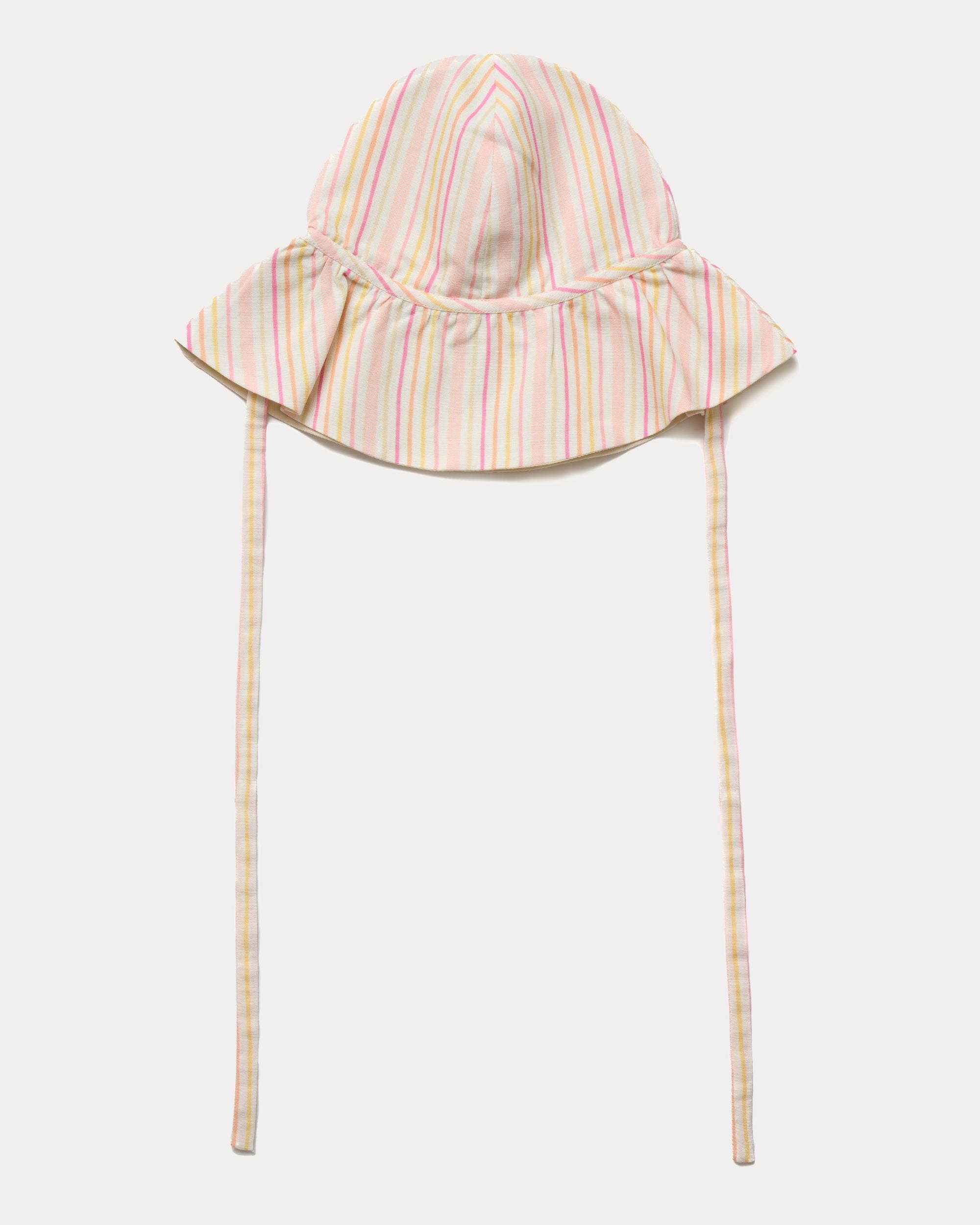 Early Sunday, Bonnie Hat Cap in Pink Stripes print, made from 70% Cotton, 30% Linen fabric, shown in a front flat-lay view with wide brim and tie straps