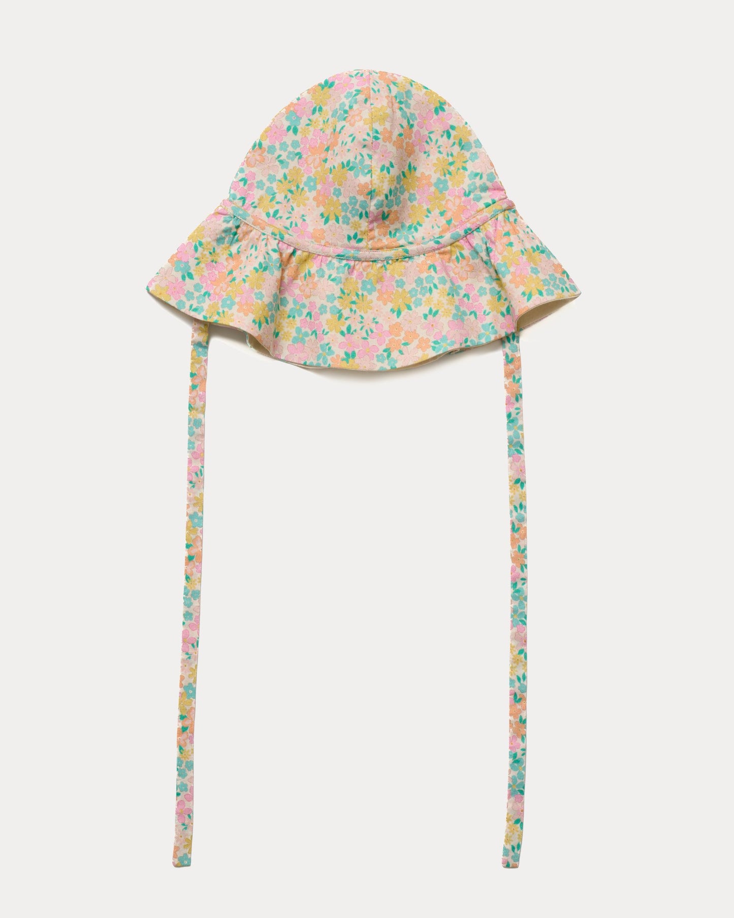 Early Sunday, Bonnie Hat Cap in Emma Floral Mint color, made from Organic Printed Cotton Cambric fabric, shown in a front flat-lay view with wide brim and tie straps