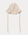 Early Sunday, Bonnie Hat Cap in Butterflies print, made from Printed Tiny Swiss Dobby fabric, shown in a front flat-lay view with wide brim and tie straps