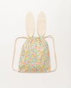 Early Sunday, Bunny Drawstring Backpack in Emma Floral Mint color, made from Organic Printed Cotton Cambric fabric, featuring a bunny-ear design with a drawstring closure, shown in a back flat-lay view