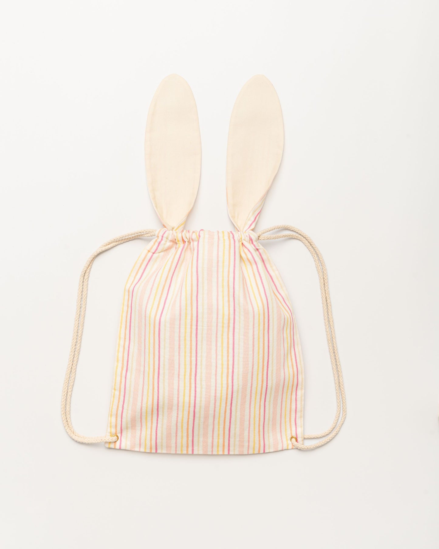 Early Sunday, Bunny Drawstring Backpack in Pink Stripes print, made from Printed 70% Cotton, 30% Linen fabric, featuring a bunny-ear design with a drawstring closure, shown in a back flat-lay view