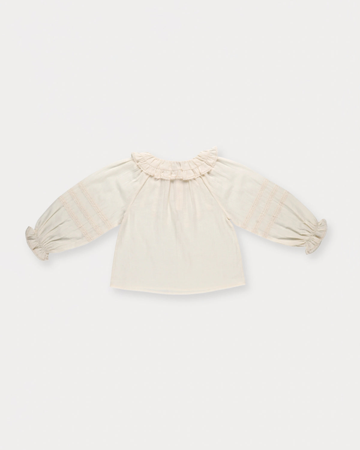 Early Sunday, Cécile Blouse in Ecru, made from Cotton Swiss Dobby fabric, featuring a relaxed silhouette with gathered sleeves and delicate detailing, shown in a back flat-lay view