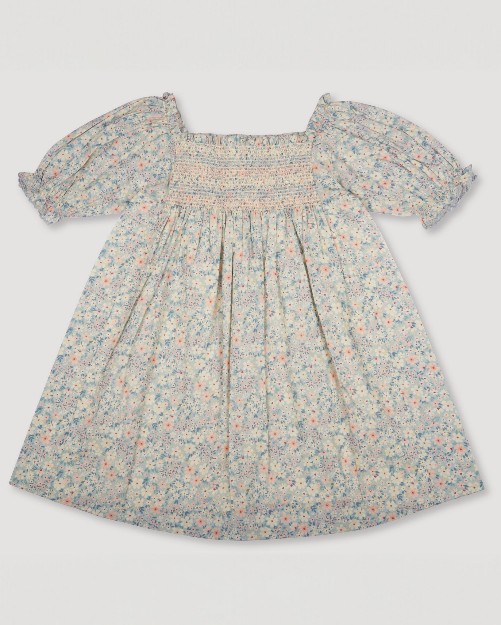 Early Sunday, Caroline Dress in Amelia print, made from Printed Cotton Cambric fabric, featuring tiered silhouette with thoughtful details for a feminine and relaxed look, shown in a front flat-lay view