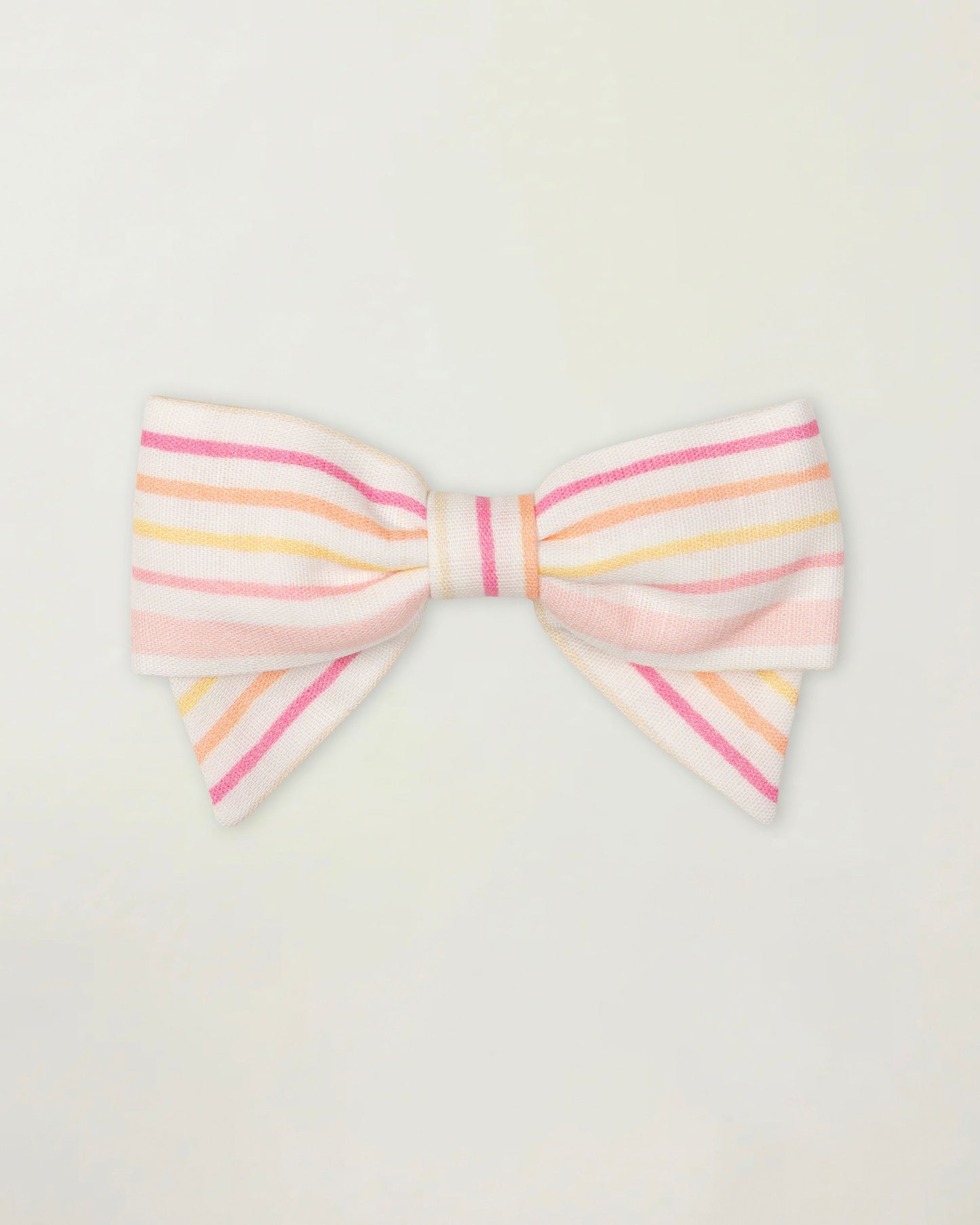 Early Sunday, Chiara Clip in Pink Stripes print, made from Printed 70% Cotton, 30% Linen fabric, featuring a bow design on an alligator clip with a secure fit, shown in a front flat-lay view