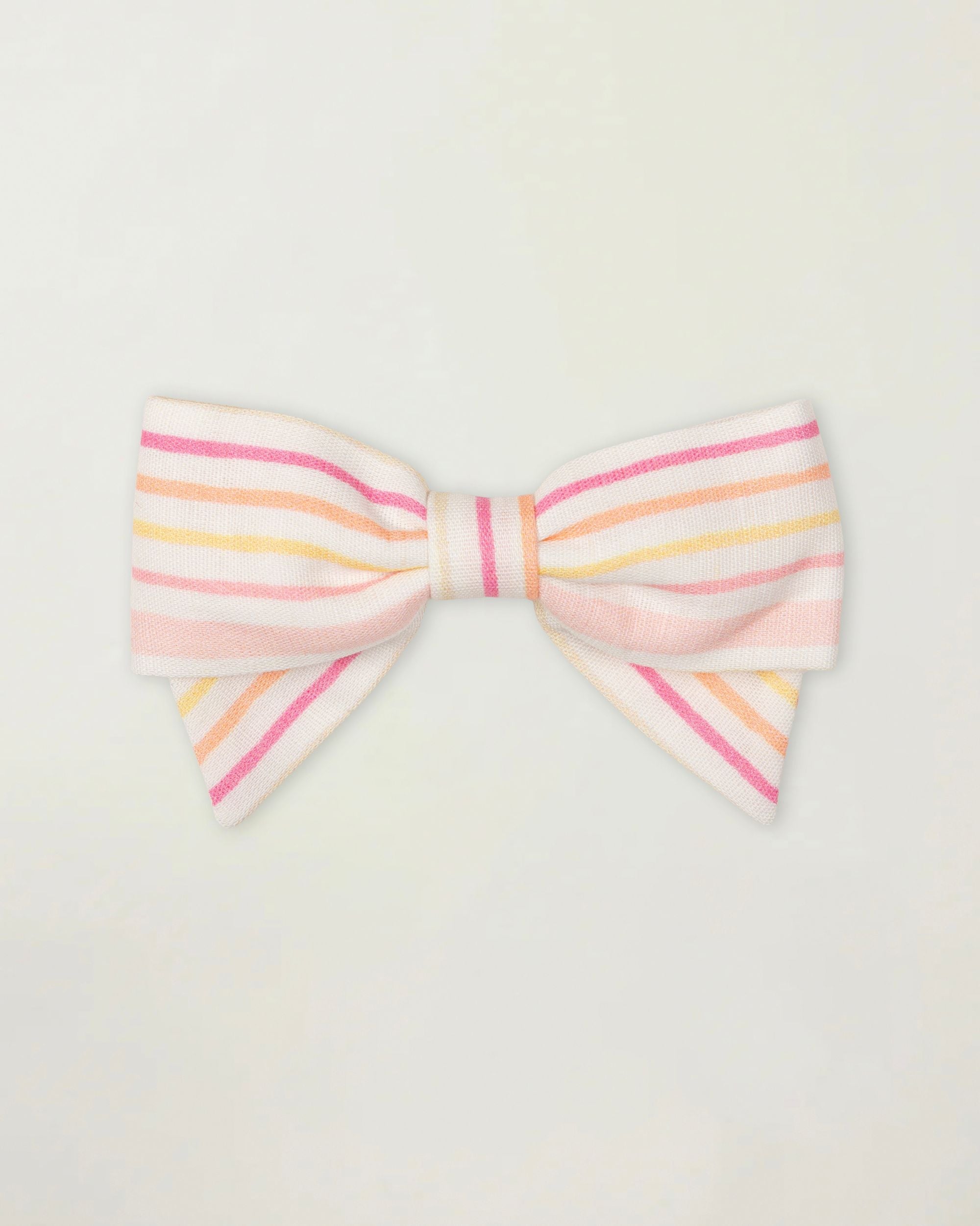 Early Sunday, Chiara Clip in Pink Stripes print, made from Printed 70% Cotton, 30% Linen fabric, featuring a bow design on an alligator clip with a secure fit, shown in a front flat-lay view