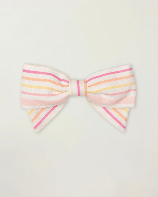 Early Sunday, Chiara Clip in Pink Stripes print, made from Printed 70% Cotton, 30% Linen fabric, featuring a bow design on an alligator clip with a secure fit, shown in a front flat-lay view