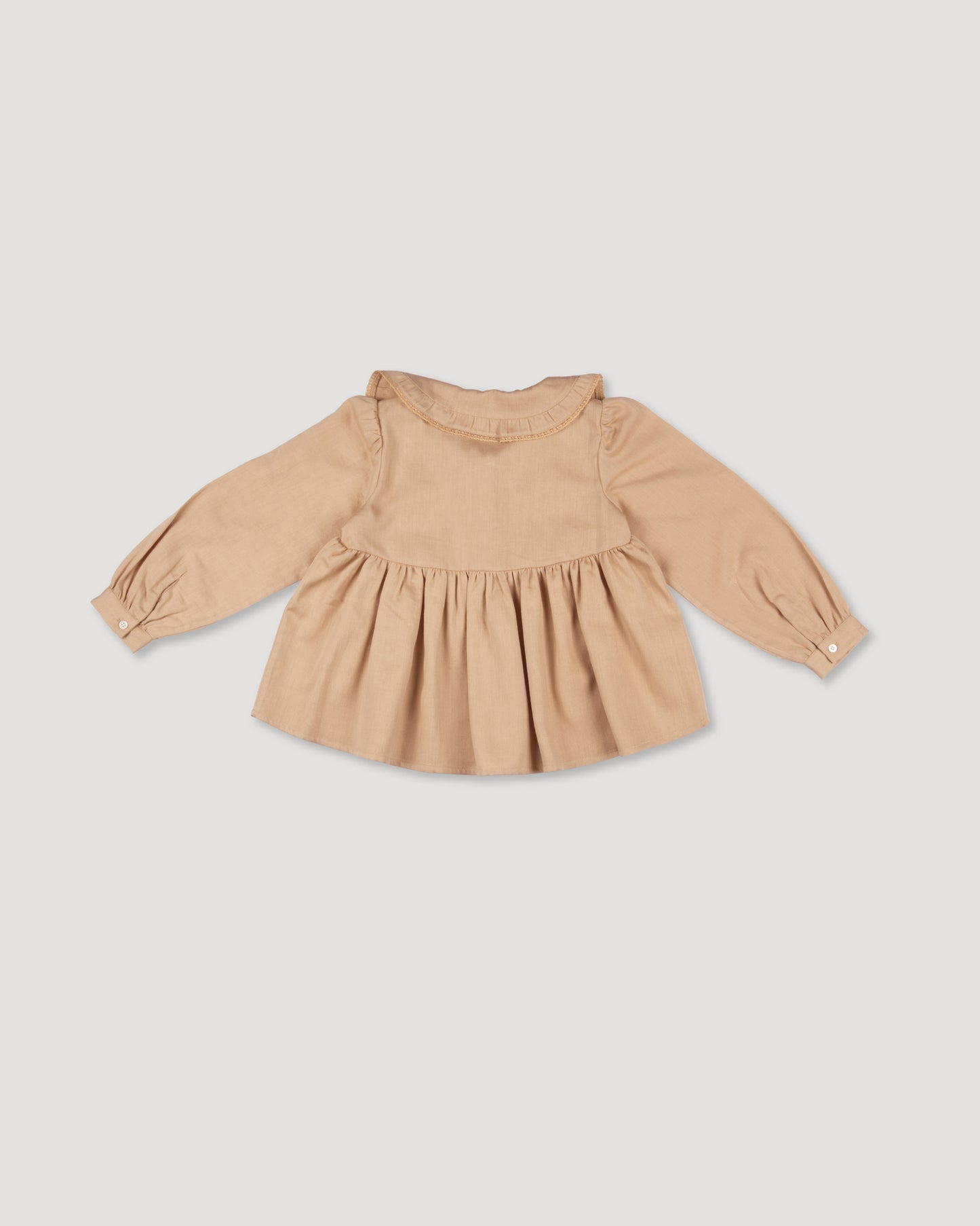 Early Sunday, Colette Blouse in Beige, made from Cotton Satin fabric, featuring relaxed fit, classic collar, and button-down front, shown in a back flat-lay view