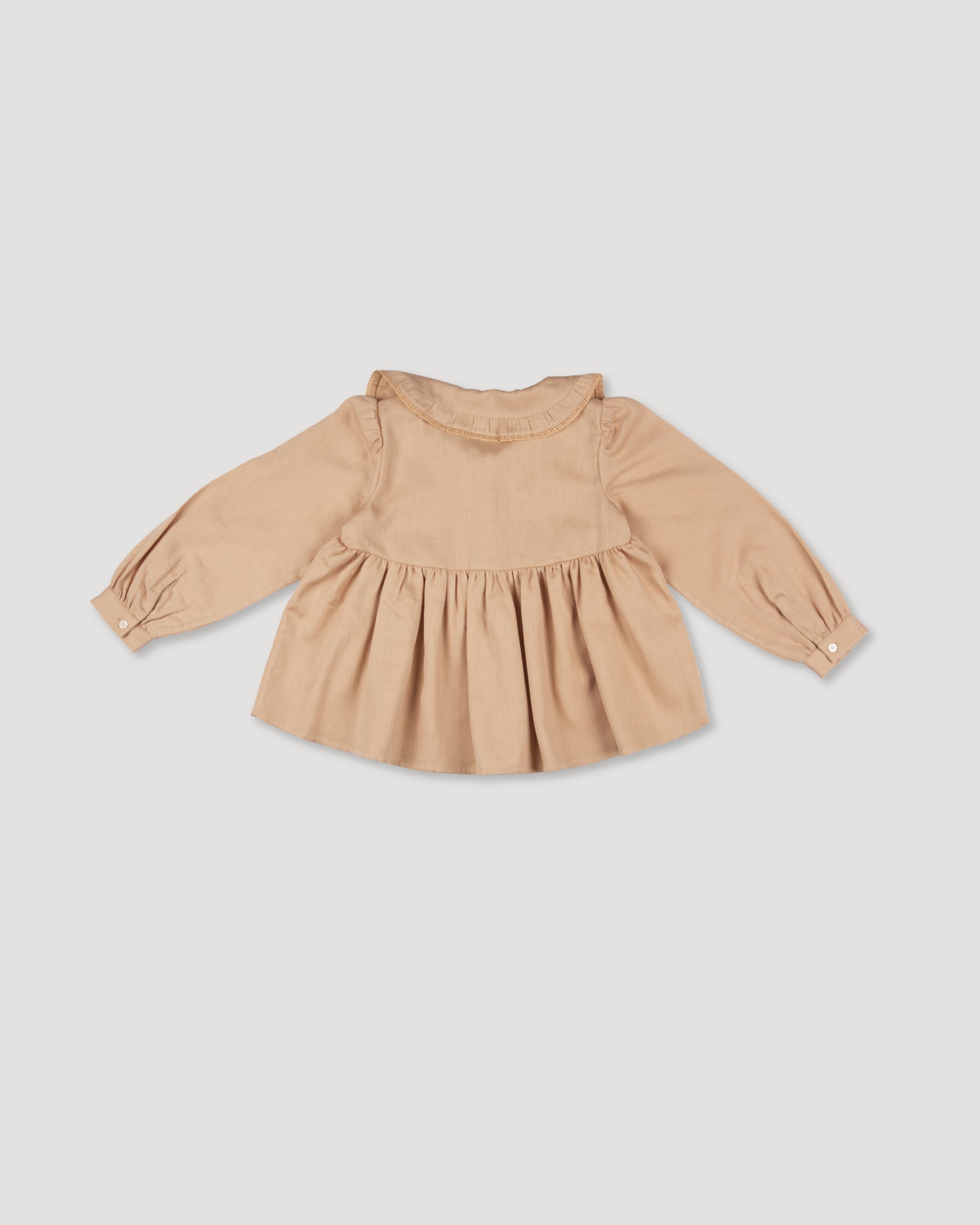 Early Sunday, Colette Blouse in Beige, made from Cotton Satin fabric, featuring relaxed fit, classic collar, and button-down front, shown in a back flat-lay view
