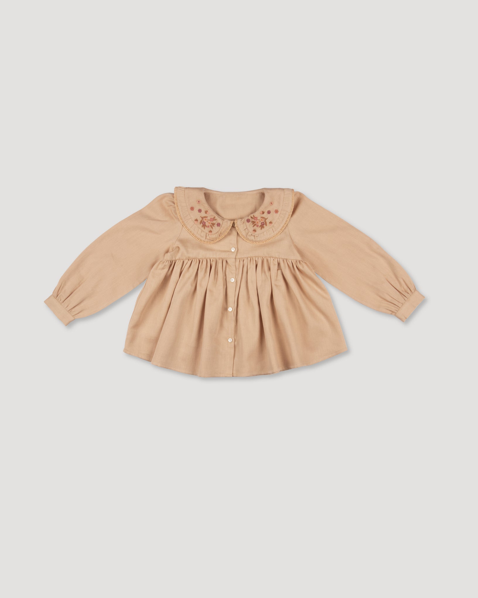 Early Sunday, Colette Blouse in Beige, made from Cotton Satin fabric, featuring relaxed fit, classic collar, and button-down front, shown in a front flat-lay view