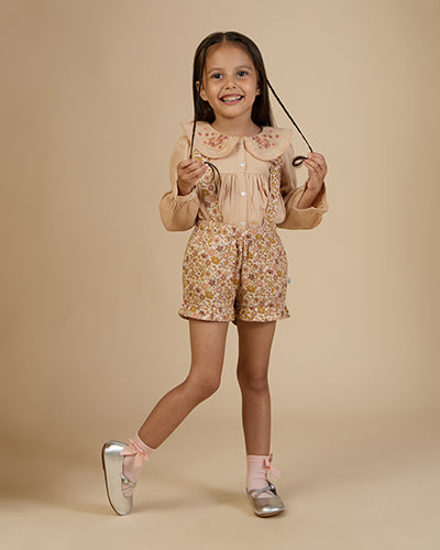 Early Sunday, Colette Blouse in Beige, made from Cotton Satin fabric, featuring relaxed fit, classic collar, and button-down front, shown in a front view of model wearing it