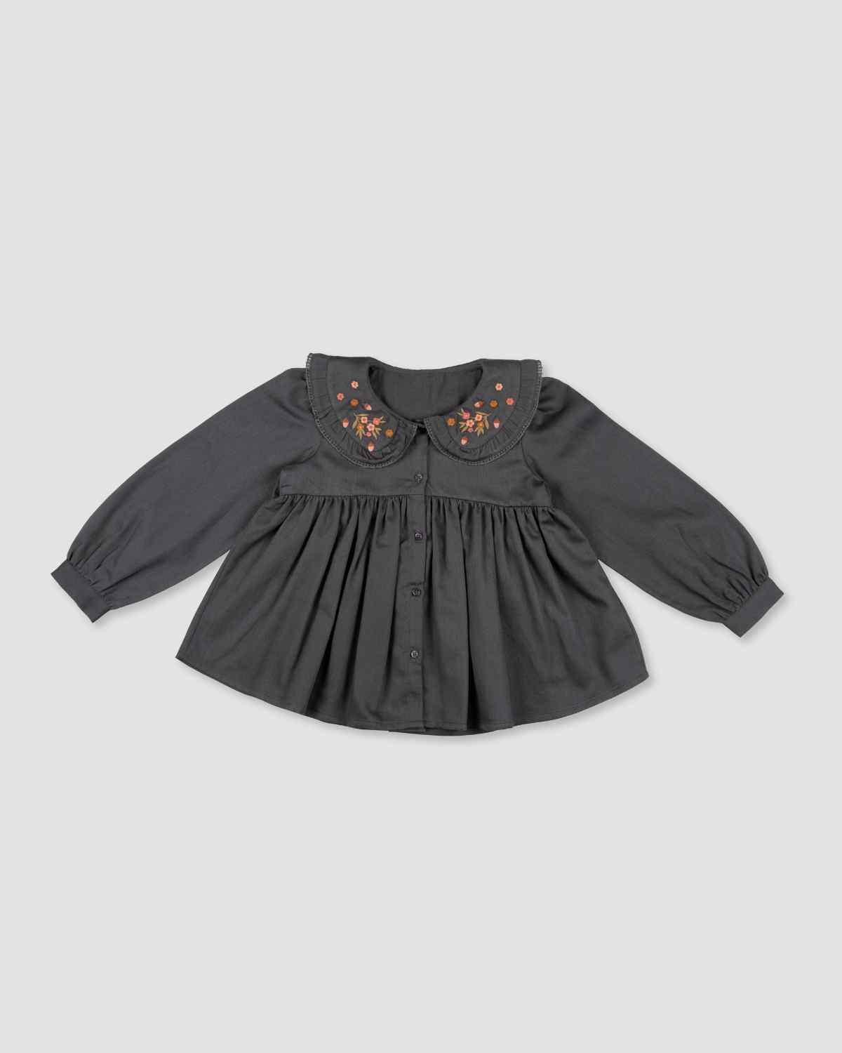 Early Sunday, Colette Blouse in Stormy Blue, made from Cotton Satin fabric, featuring relaxed fit, classic collar, and button-down front, shown in a front flat-lay view