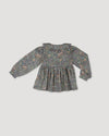 Early Sunday, Colette Blouse in Autumn Garden Greyish Blue, made from Printed Cotton Satin fabric, featuring relaxed fit, classic collar, and button-down front, shown in a back flat-lay view