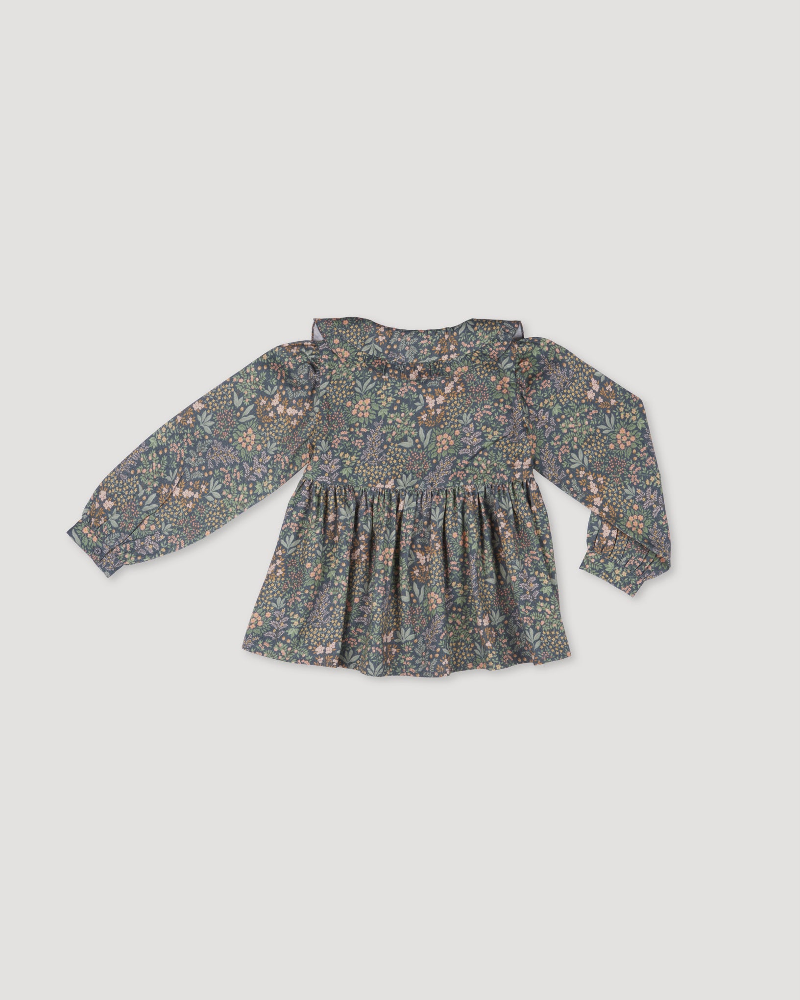 Early Sunday, Colette Blouse in Autumn Garden Greyish Blue, made from Printed Cotton Satin fabric, featuring relaxed fit, classic collar, and button-down front, shown in a back flat-lay view
