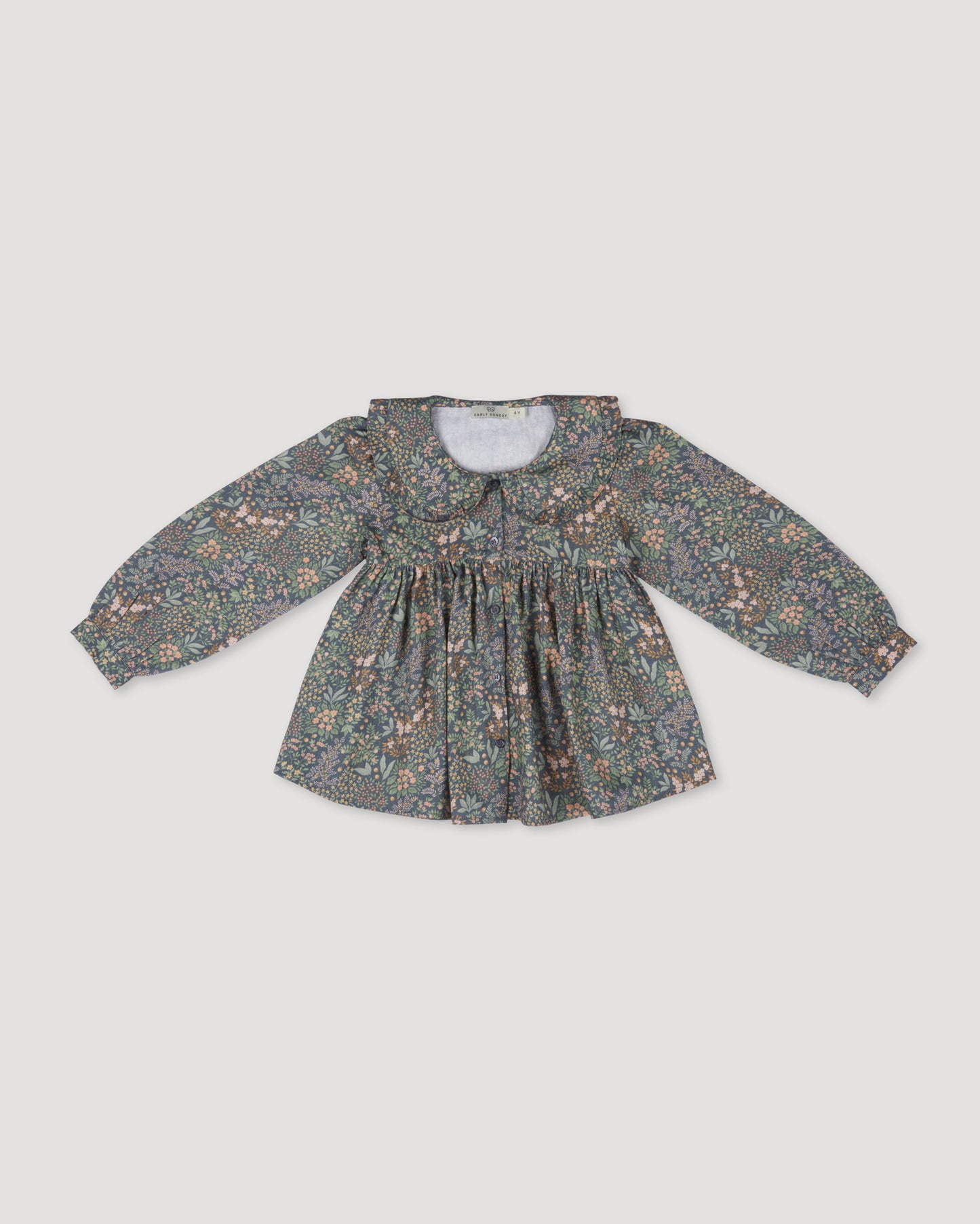 Early Sunday, Colette Blouse in Autumn Garden Greyish Blue, made from Printed Cotton Satin fabric, featuring relaxed fit, classic collar, and button-down front, shown in a front flat-lay view