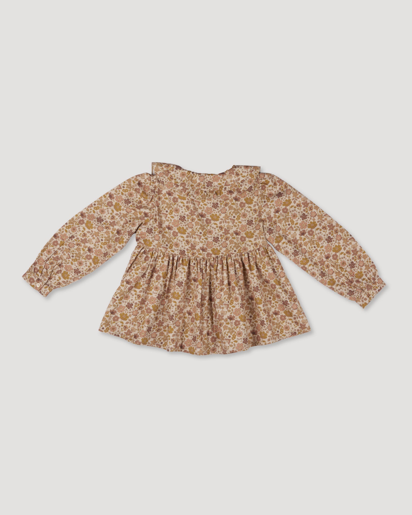 Early Sunday, Colette Blouse in Garden Flowers Dusty Pink, made from Printed Cotton Satin fabric, featuring relaxed fit, classic collar, and button-down front, shown in a back flat-lay view