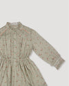 Early Sunday, Dawn Dress in Ditsy Bouquet Jade print, made from Printed Viscose Rayon Twill fabric, featuring Collar and sleeve cuffs trimmed with subtle ruffles for a nostalgic silhouette, shown in a closeup flat-lay view