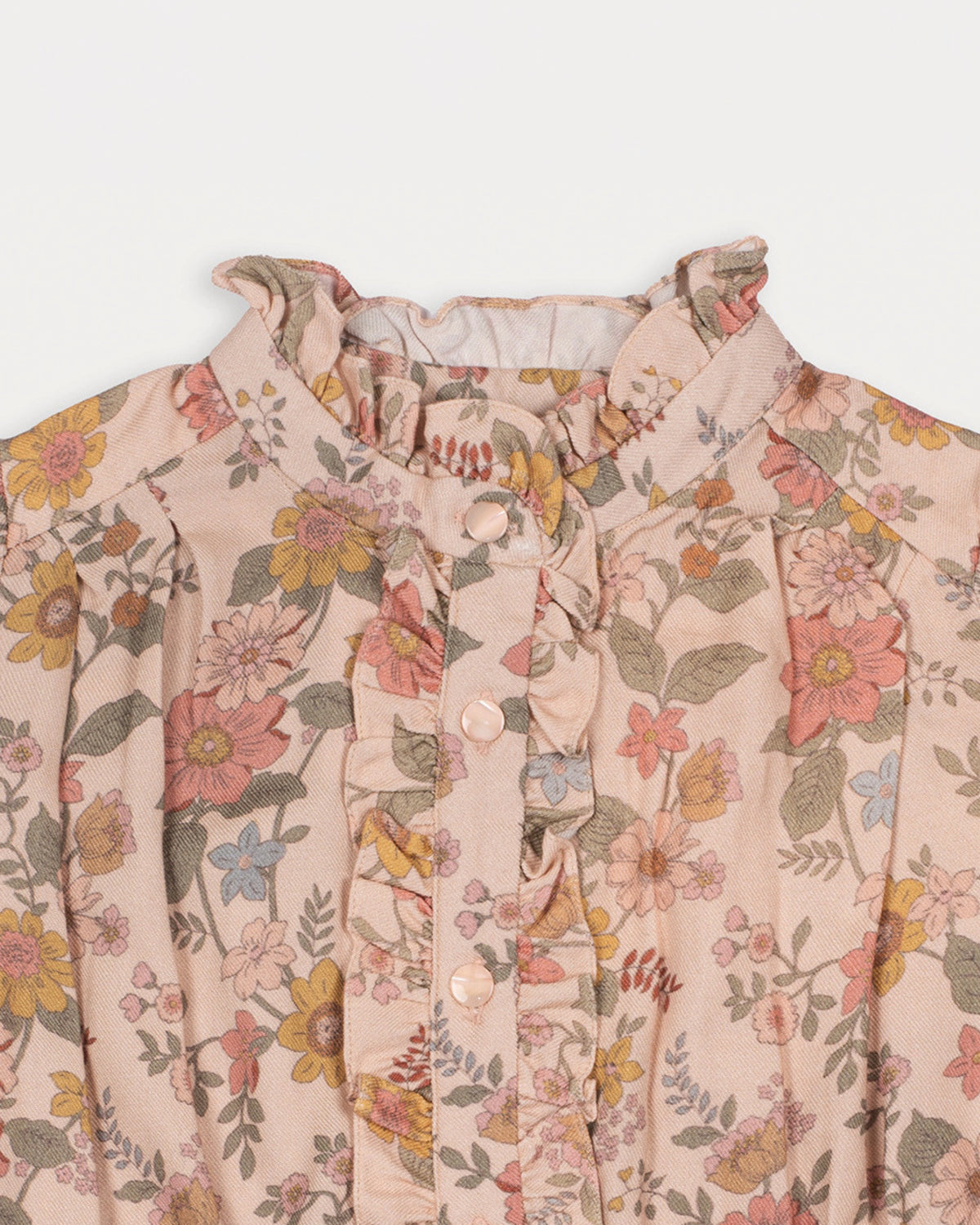 Early Sunday, Dawn Dress in Bloom, made from Printed Viscose Twill fabric, featuring a soft flowing hem, shown in a closeup flat-lay view