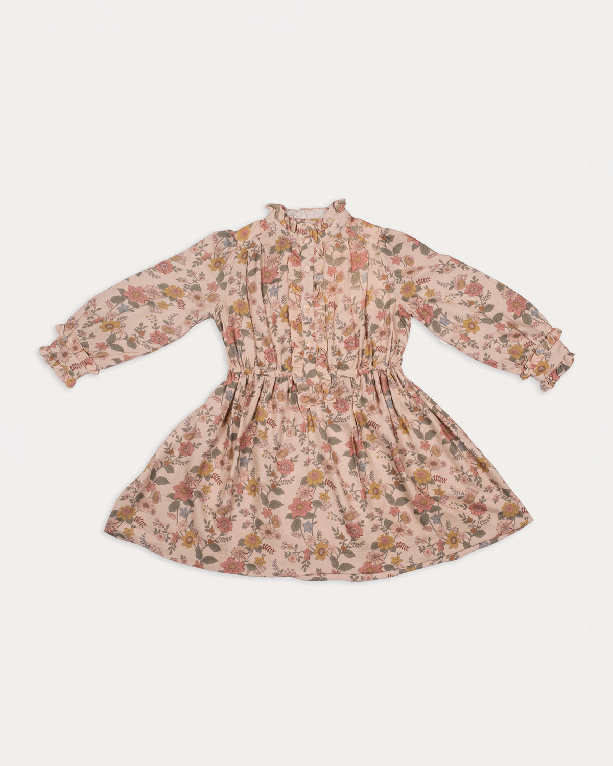 Early Sunday, Dawn Dress in Bloom, made from Printed Viscose Twill fabric, featuring a soft flowing hem, shown in a front flat-lay view