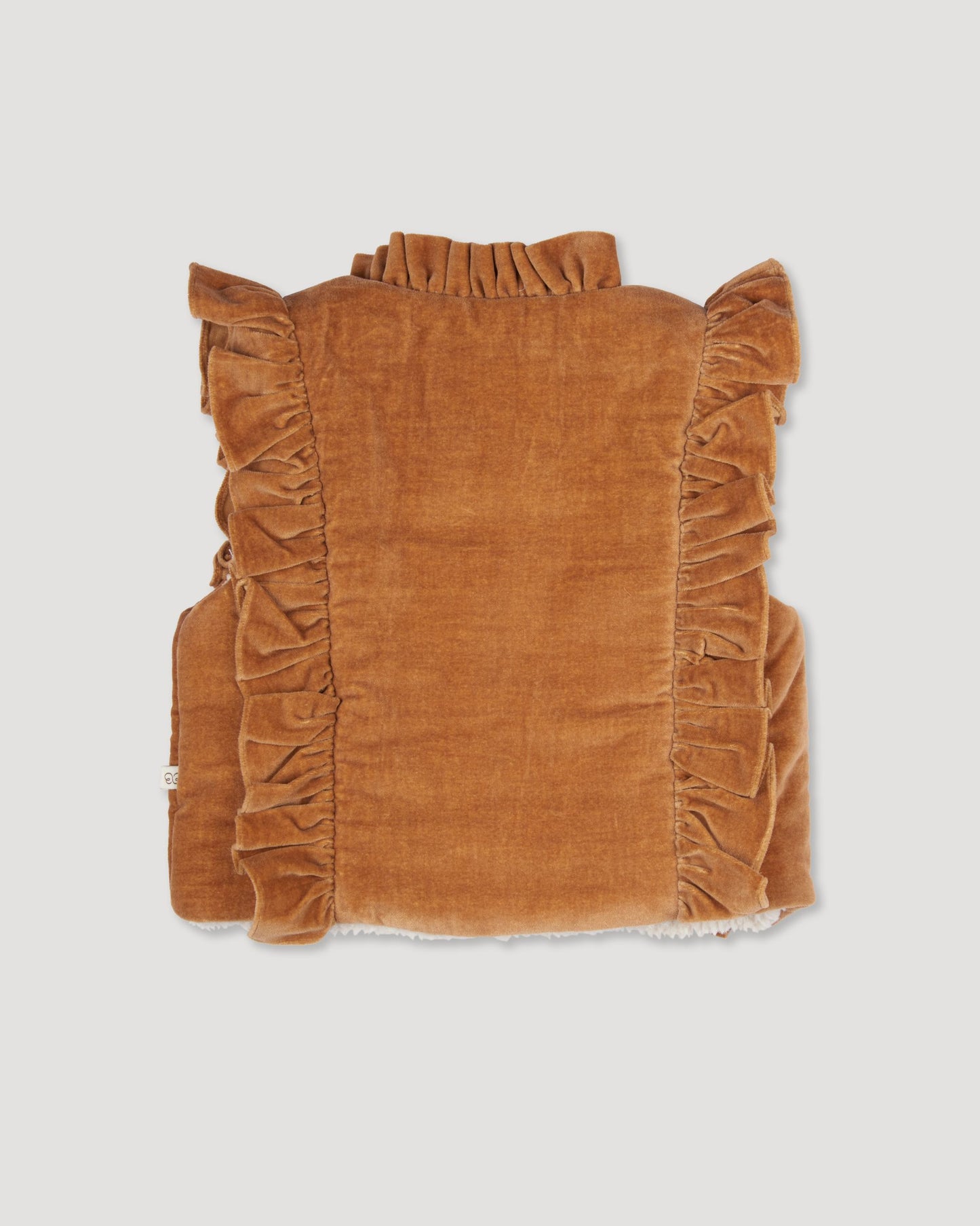 Early Sunday, Deborah Jacket in Almond, made from Dyed Cotton Velvet fabric, featuring Sleeveless design ideal for versatile layering in transitional weather, shown in a back flat-lay view