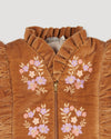 Early Sunday, Deborah Jacket in Almond, made from Dyed Cotton Velvet fabric, featuring Sleeveless design ideal for versatile layering in transitional weather, shown in a closeup flat-lay view