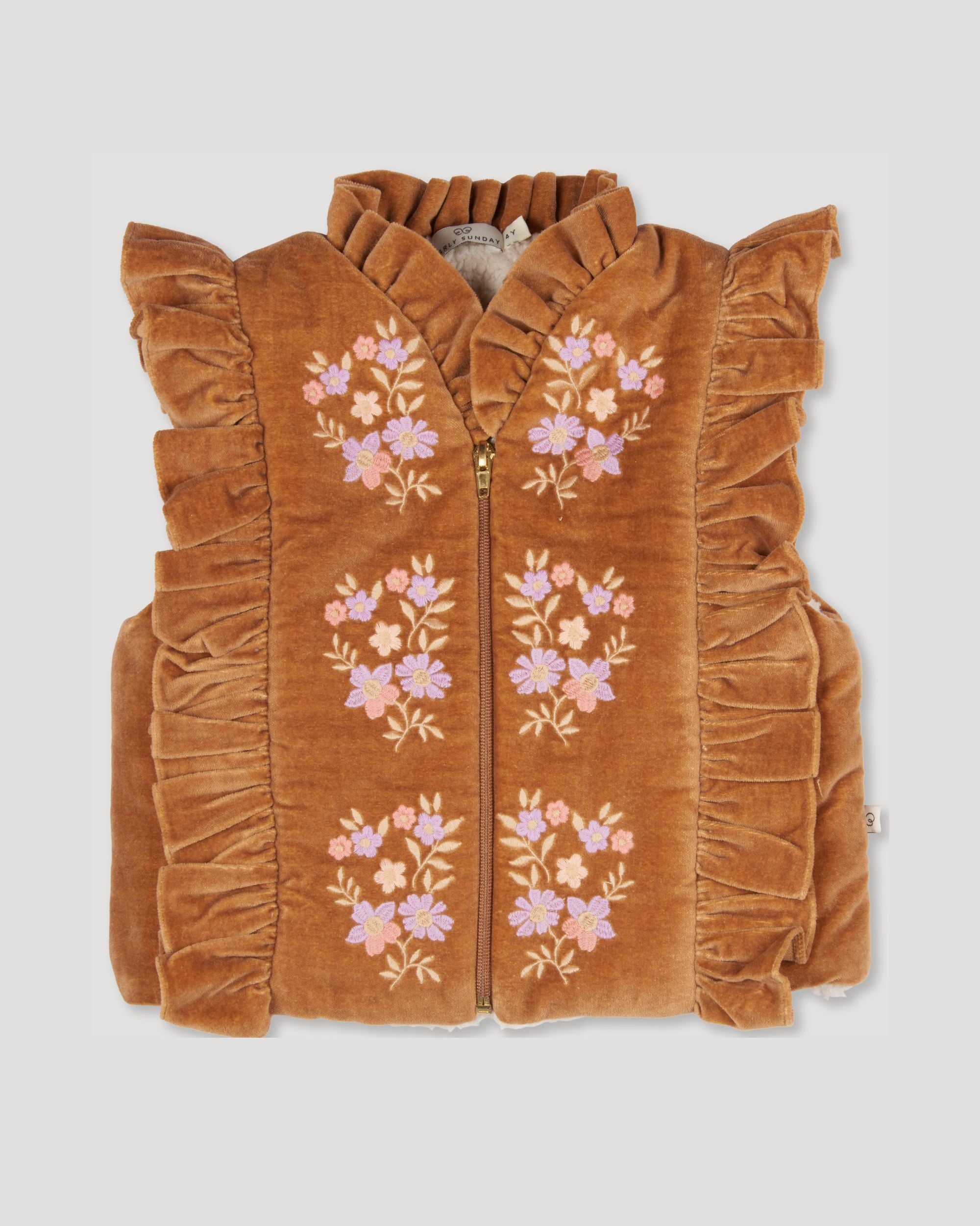 Early Sunday, Deborah Jacket in Almond, made from Dyed Cotton Velvet fabric, featuring Sleeveless design ideal for versatile layering in transitional weather, shown in a front flat-lay view