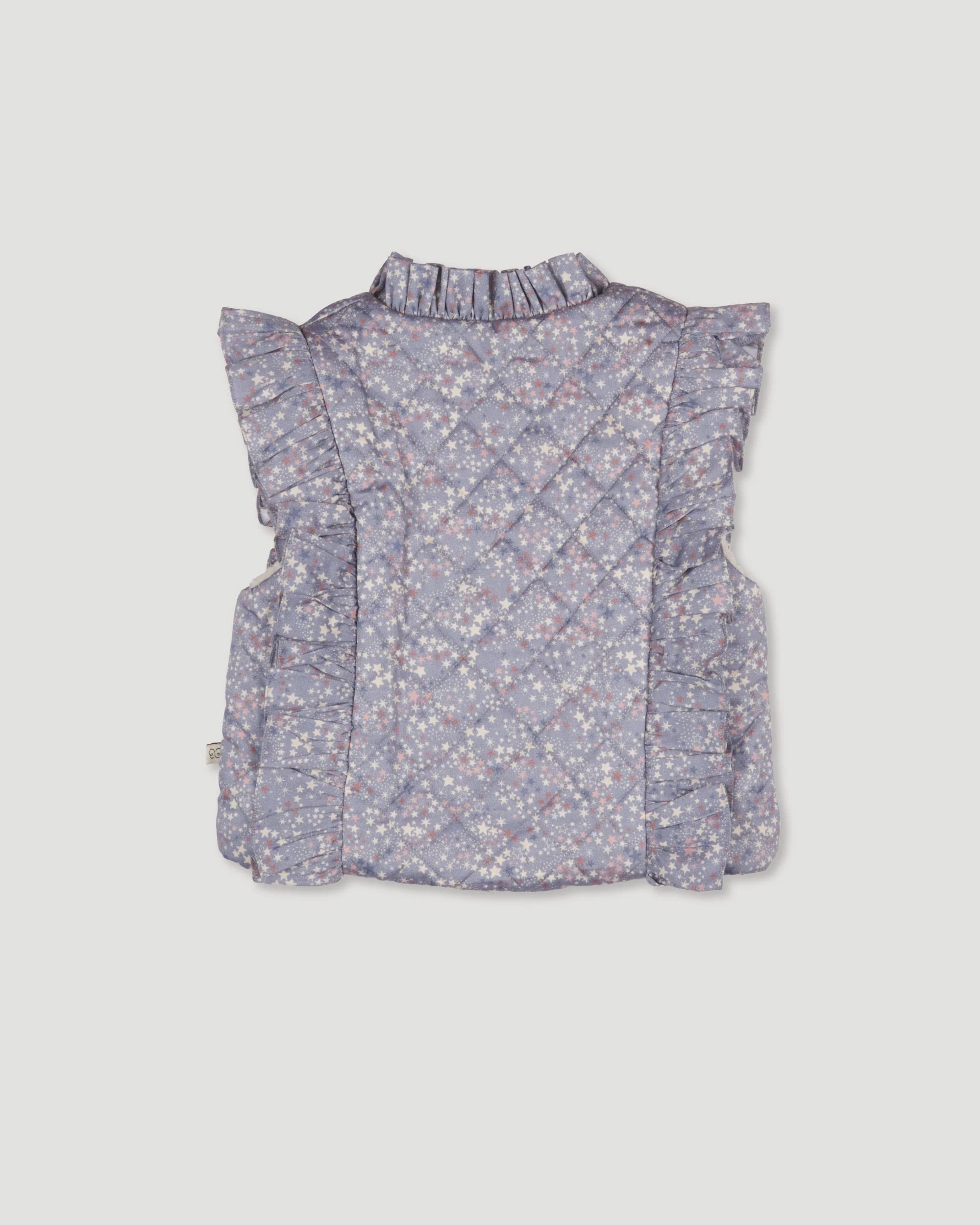 Early Sunday, Deborah Jacket in Celestial print, made from Printed 30s Cotton Twill fabric, featuring Sleeveless design ideal for versatile layering in transitional weather, shown in a back flat-lay view