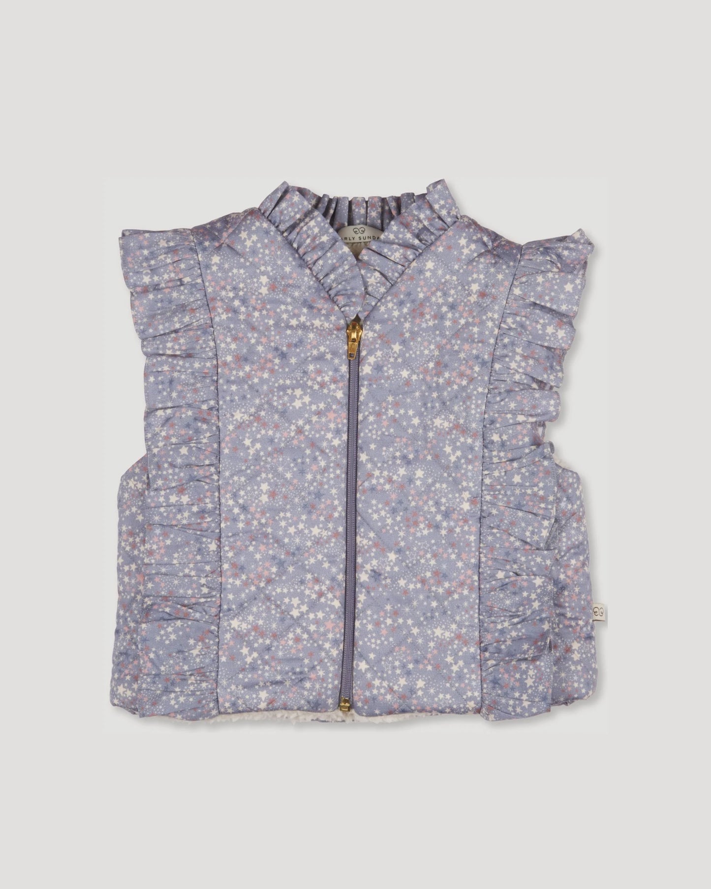 Early Sunday, Deborah Jacket in Celestial print, made from Printed 30s Cotton Twill fabric, featuring Sleeveless design ideal for versatile layering in transitional weather, shown in a front flat-lay view