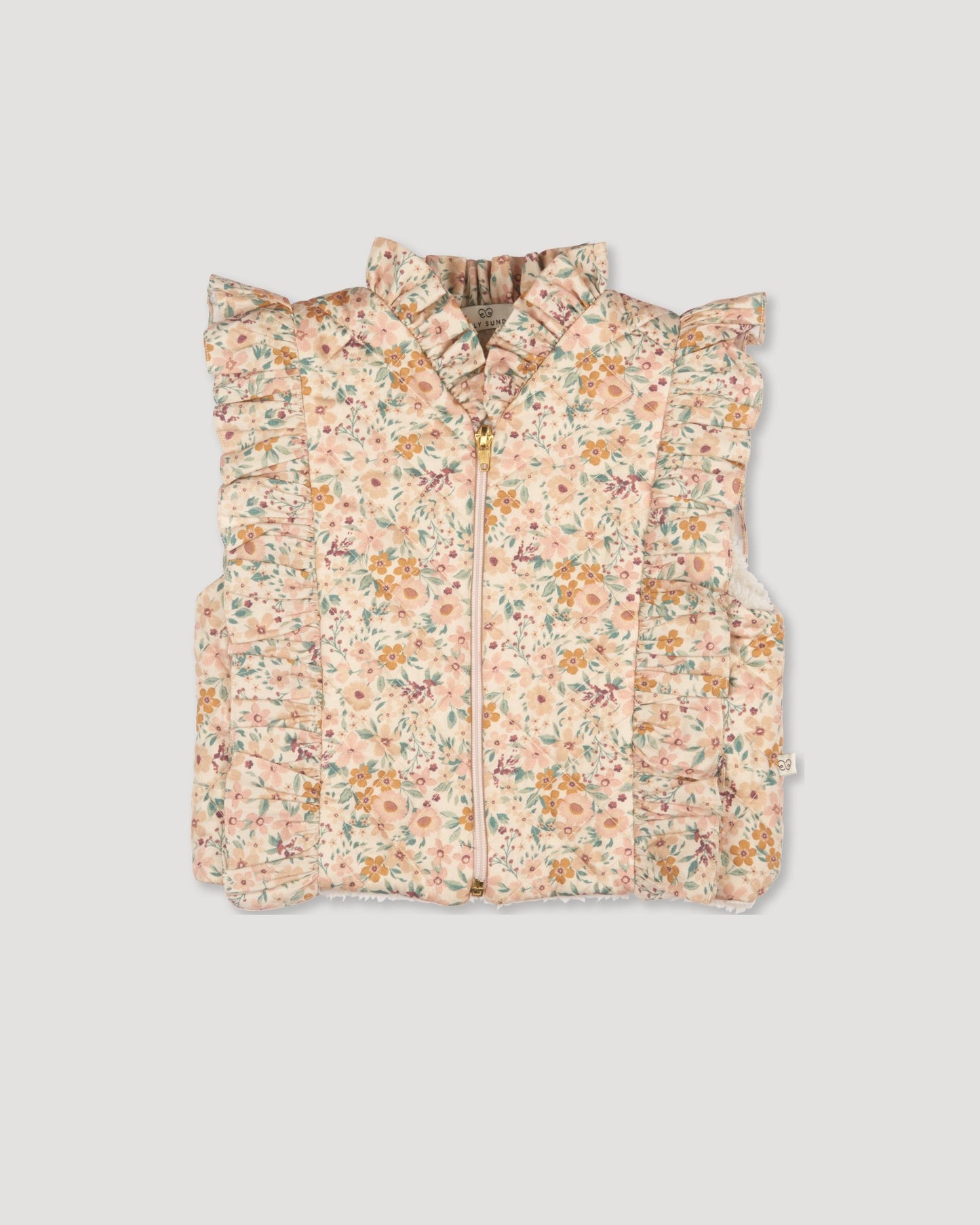 Early Sunday, Deborah Jacket in Floral print, made from Printed 30s Cotton Twill fabric, featuring Sleeveless design ideal for versatile layering in transitional weather, shown in a front flat-lay view