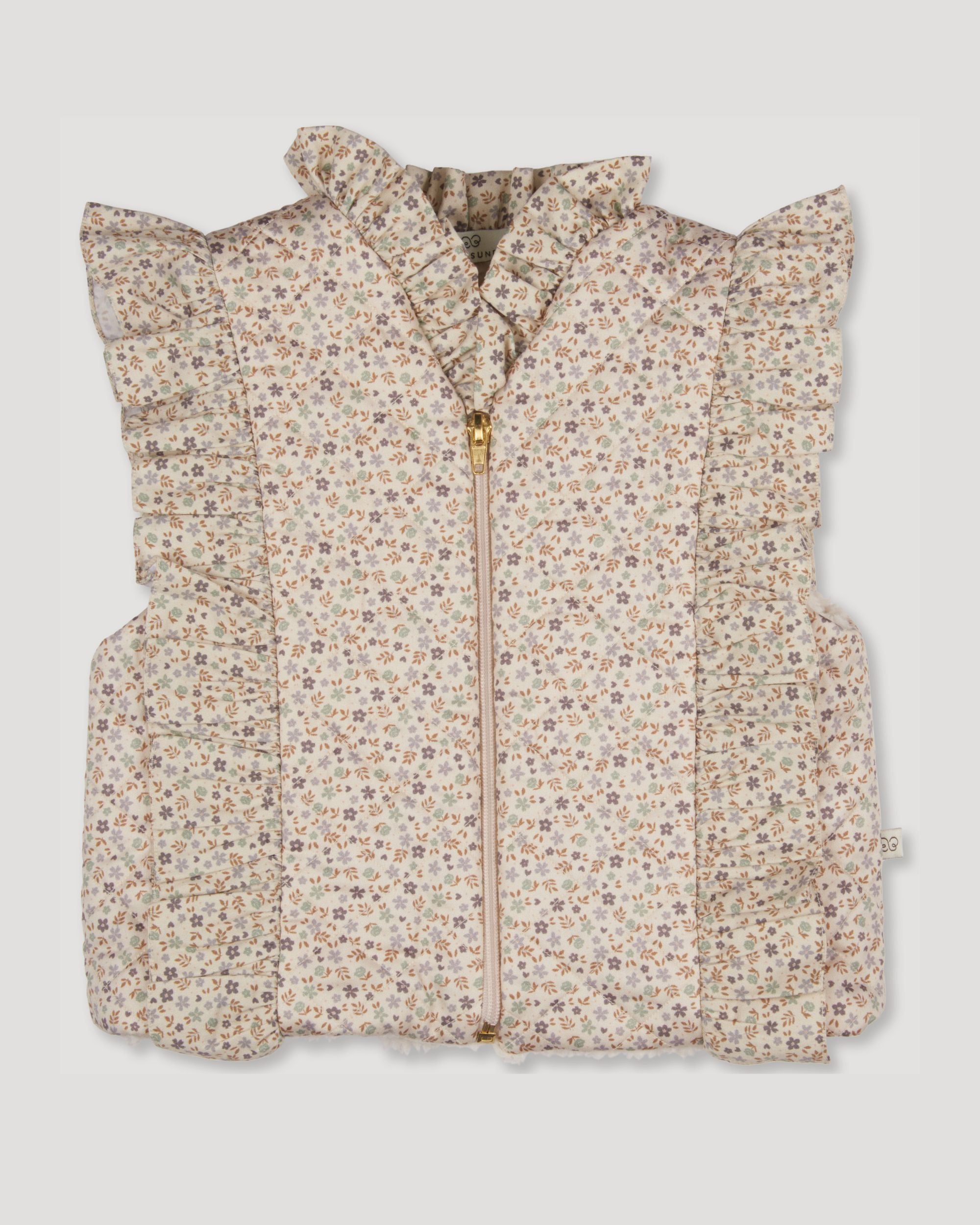 Early Sunday, Deborah Jacket in Miny Flowers print, made from Printed 30s Cotton Twill fabric, featuring Sleeveless design ideal for versatile layering in transitional weather, shown in a front flat-lay view