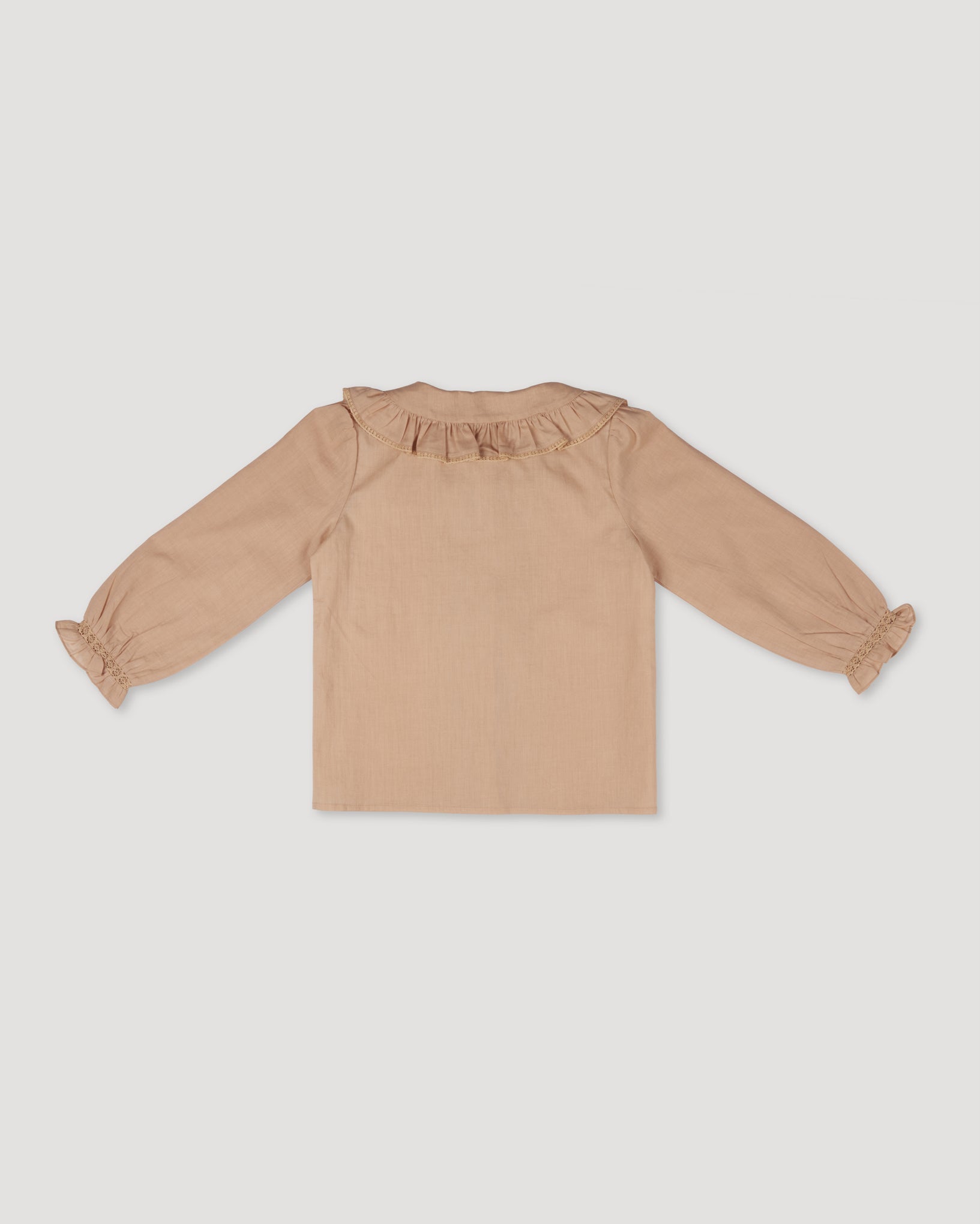 Early Sunday, Ella Blouse in Nude, made from Cotton Cambric fabric, featuring relaxed fit, frill detailing on the collar, and lace inserts, shown in a back flat-lay view