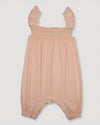 Early Sunday, Emma Baby Smocked Overalls Romper in Warm Sand color, made from Cotton Seersucker fabric, featuring a relaxed fit with smocked chest band & frilled sleeves, shown in a back flat-lay view