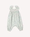 Early Sunday, Emma Baby Smocked Overalls Romper in Amelia print, made from Printed Cotton Cambric fabric, featuring a relaxed fit with smocked chest band & frilled sleeves, shown in a back flat-lay view