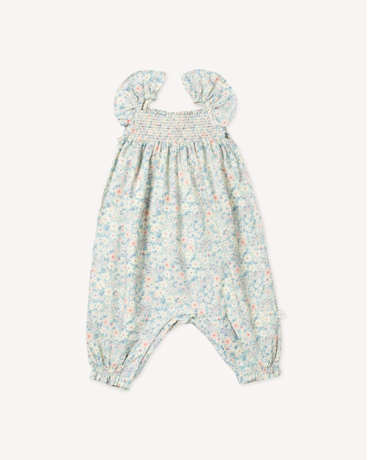 Early Sunday, Emma Baby Smocked Overalls Romper in Amelia print, made from Printed Cotton Cambric fabric, featuring a relaxed fit with smocked chest band & frilled sleeves, shown in a back flat-lay view