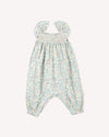 Early Sunday, Emma Baby Smocked Overalls Romper in Amelia print, made from Printed Cotton Cambric fabric, featuring a relaxed fit with smocked chest band & frilled sleeves, shown in a front flat-lay view