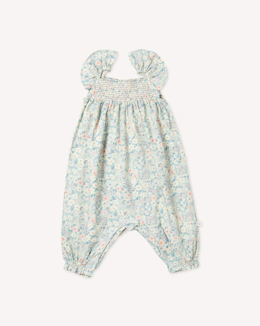 Early Sunday, Emma Baby Smocked Overalls Romper in Amelia print, made from Printed Cotton Cambric fabric, featuring a relaxed fit with smocked chest band & frilled sleeves, shown in a front flat-lay view