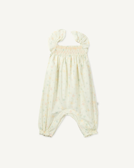 Early Sunday, Emma Baby Smocked Overalls Romper in Star Fish print, made from Printed Cotton Cambric fabric, featuring a relaxed fit with smocked chest band & frilled sleeves, shown in a front flat-lay view