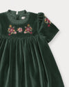 Early Sunday, Erika Dress in Forest Green, made from Cotton Velvet Velour's fabric, featuring a beautiful embroidery with frilled neckline, shown in a closeup flat-lay view