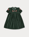 Early Sunday, Erika Dress in Forest Green, made from Cotton Velvet Velour's fabric, featuring a beautiful embroidery with frilled neckline, shown in a front flat-lay view