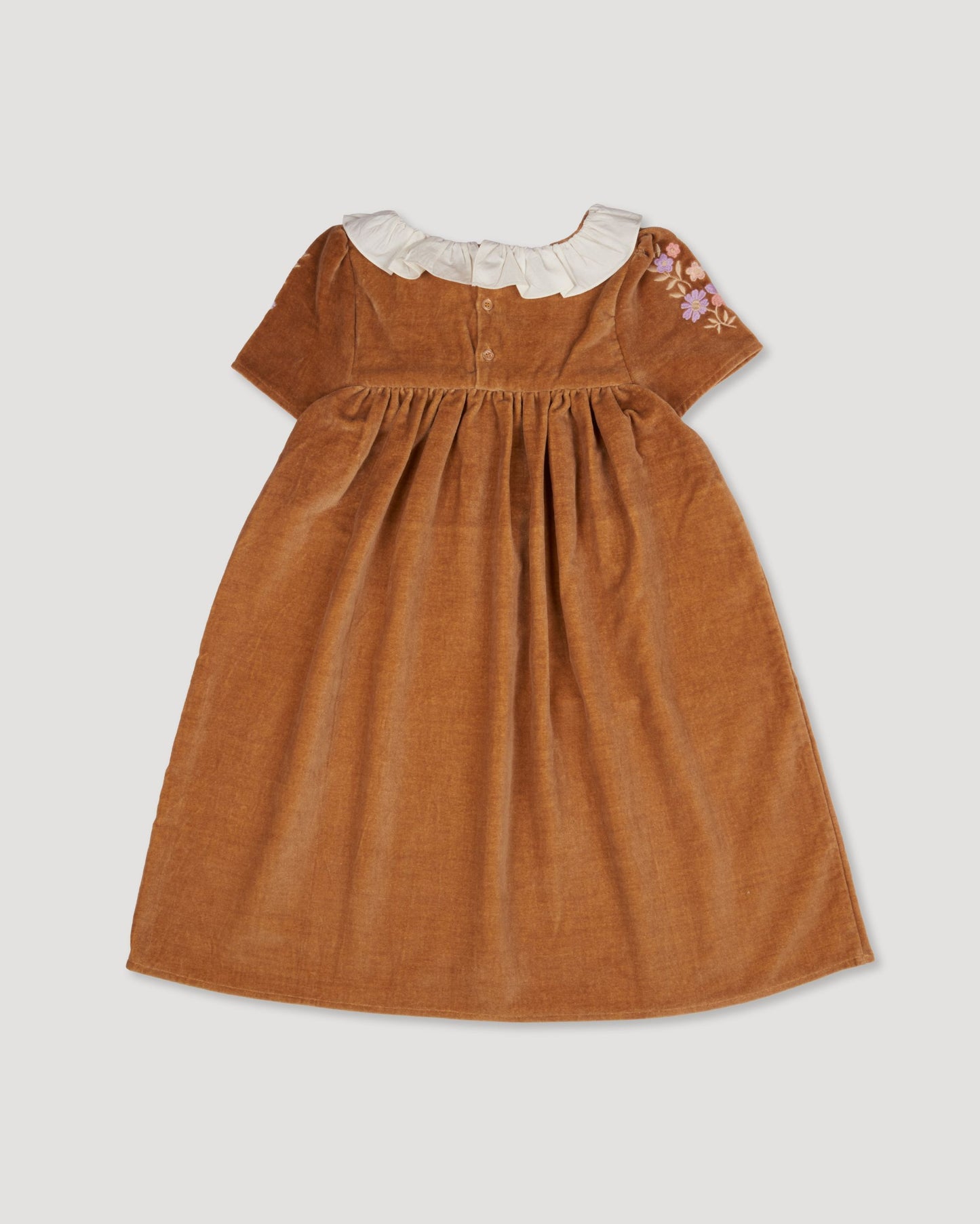 Early Sunday, Erika Dress in Almond, made from Dyed Cotton Velvet fabric, featuring Flowy A-line silhouette allows ease of movement and day-long comfort, shown in a back flat-lay view