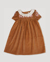 Early Sunday, Erika Dress in Almond, made from Dyed Cotton Velvet fabric, featuring Flowy A-line silhouette allows ease of movement and day-long comfort, shown in a front flat-lay view