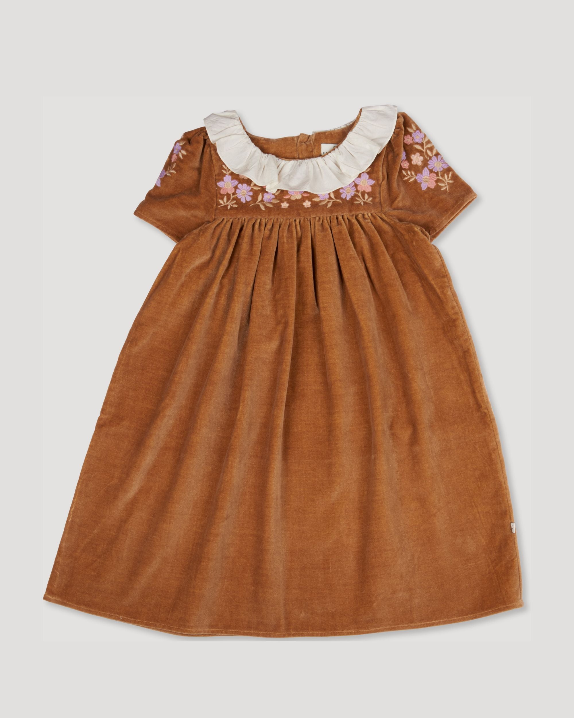 Early Sunday, Erika Dress in Almond, made from Dyed Cotton Velvet fabric, featuring Flowy A-line silhouette allows ease of movement and day-long comfort, shown in a front flat-lay view