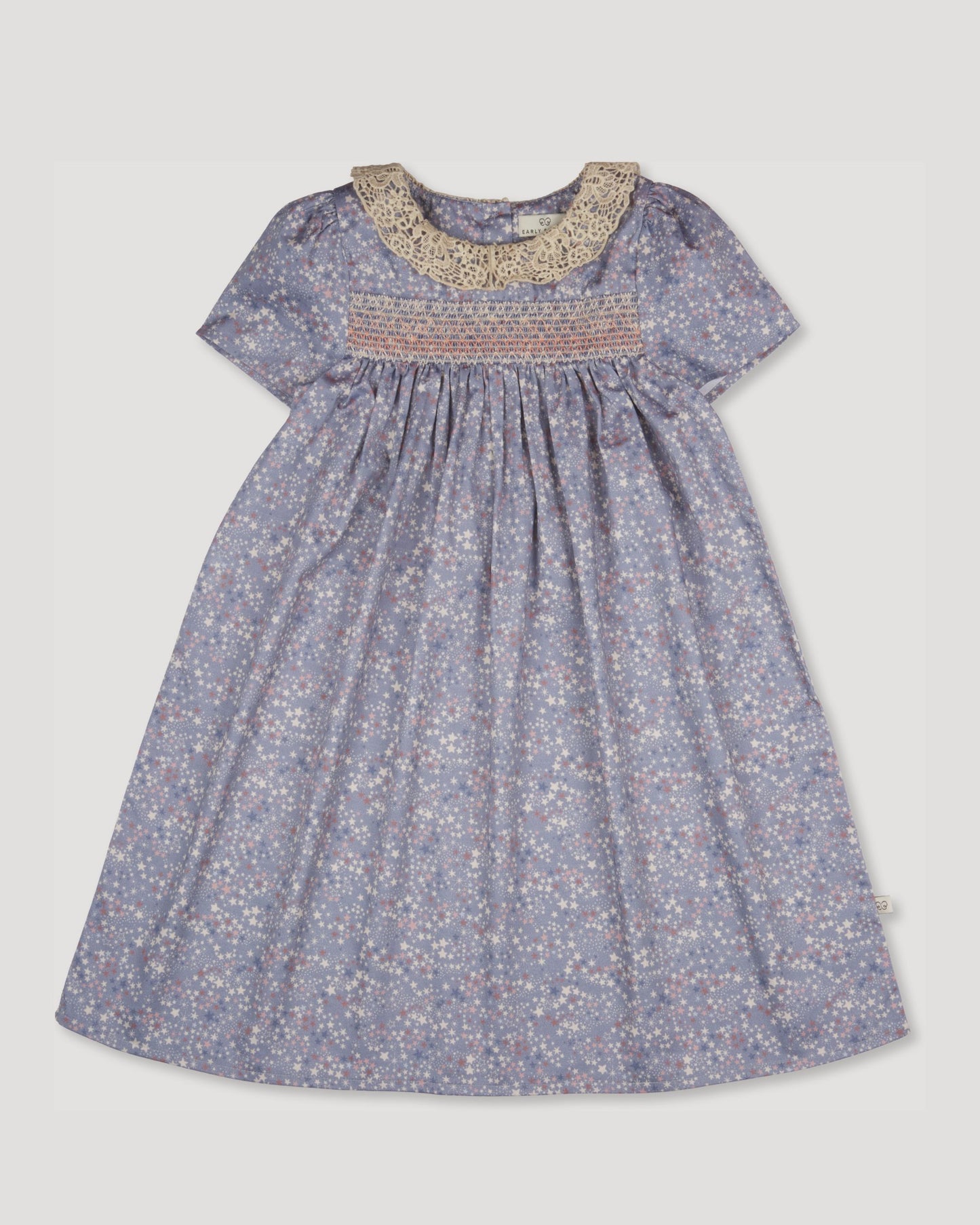 Early Sunday, Erika Dress in Celestial print, made from Printed Cotton Satin fabric, featuring Flowy A-line silhouette allows ease of movement and day-long comfort, shown in a front flat-lay view