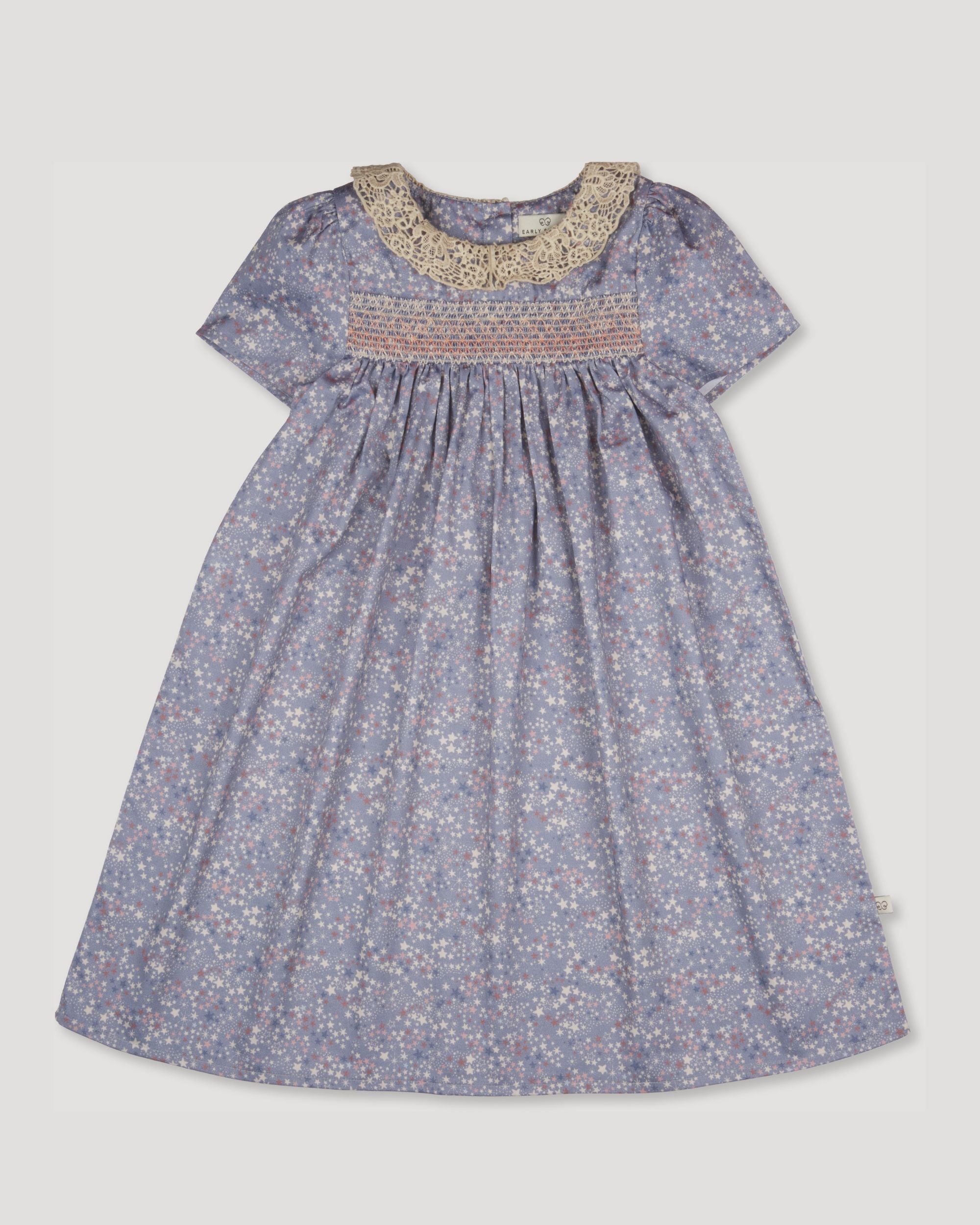 Early Sunday, Erika Dress in Celestial print, made from Printed Cotton Satin fabric, featuring Flowy A-line silhouette allows ease of movement and day-long comfort, shown in a front flat-lay view