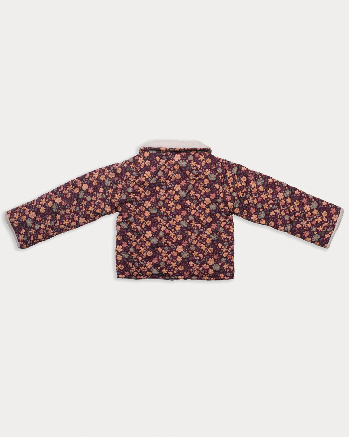 Early Sunday, Esmée Jacket in Garden Flowers Plum, made from Printed Cotton Satin fabric, featuring a quilted layer with delicate floral print and elegant detailing, shown in a back flat-lay view