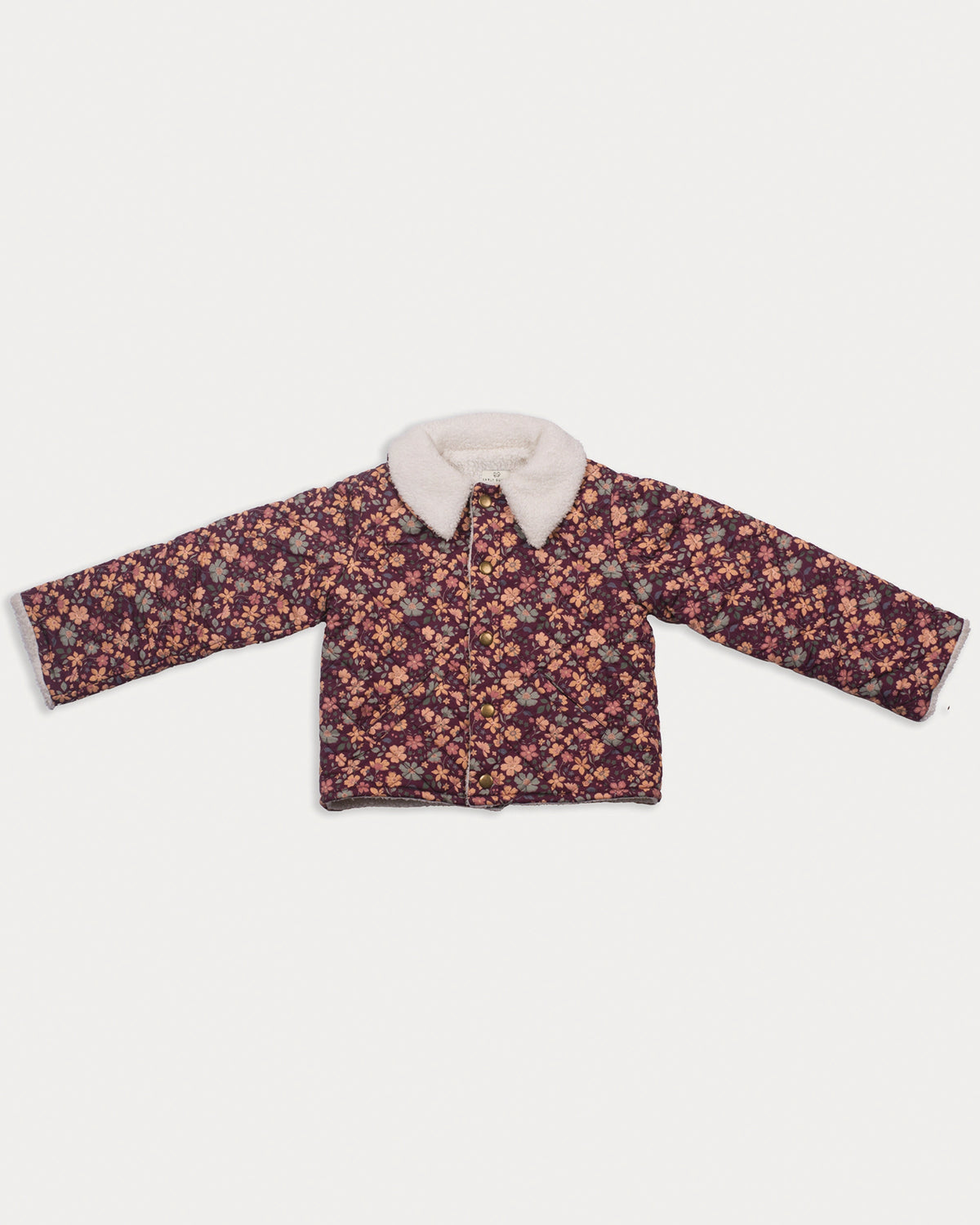 Early Sunday, Esmée Jacket in Garden Flowers Plum, made from Printed Cotton Satin fabric, featuring a quilted layer with delicate floral print and elegant detailing, shown in a front flat-lay view