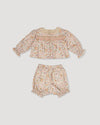 Early Sunday, Essie & Pippy Baby Set in Floral print, made from Printed 60s Cotton Satin fabric, featuring smocked sleeves with laced neckline & matching bloomers, shown in a back flat-lay view